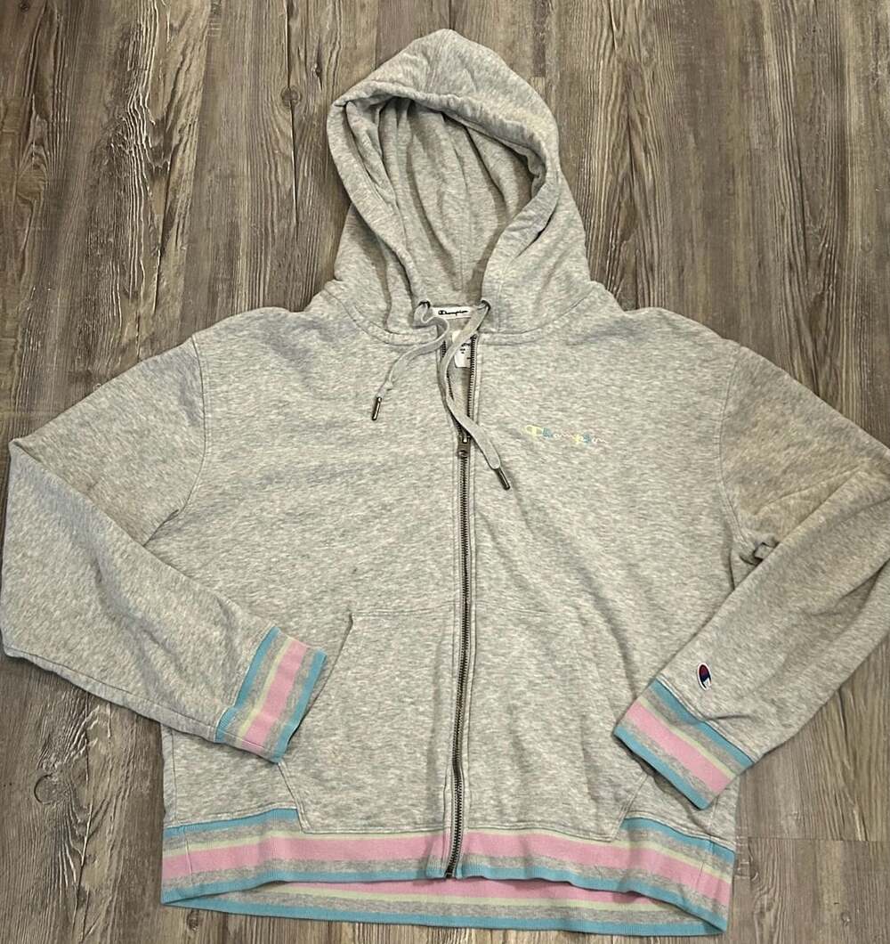 Champion Full Zip Hoodie Gray Pastel Striped Trim Size XL